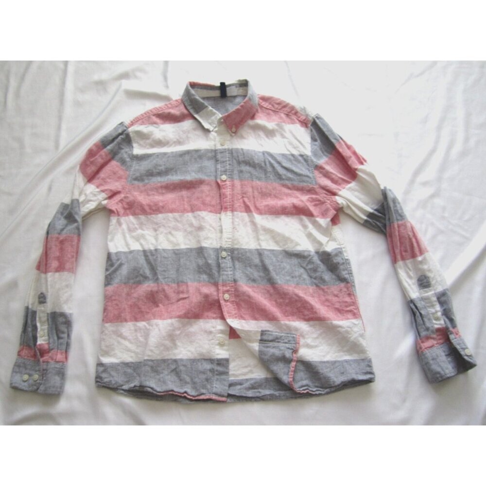 Men's Divided Linen Blend Stripes Button Long Sleeve Shirt Sz M (MT607)